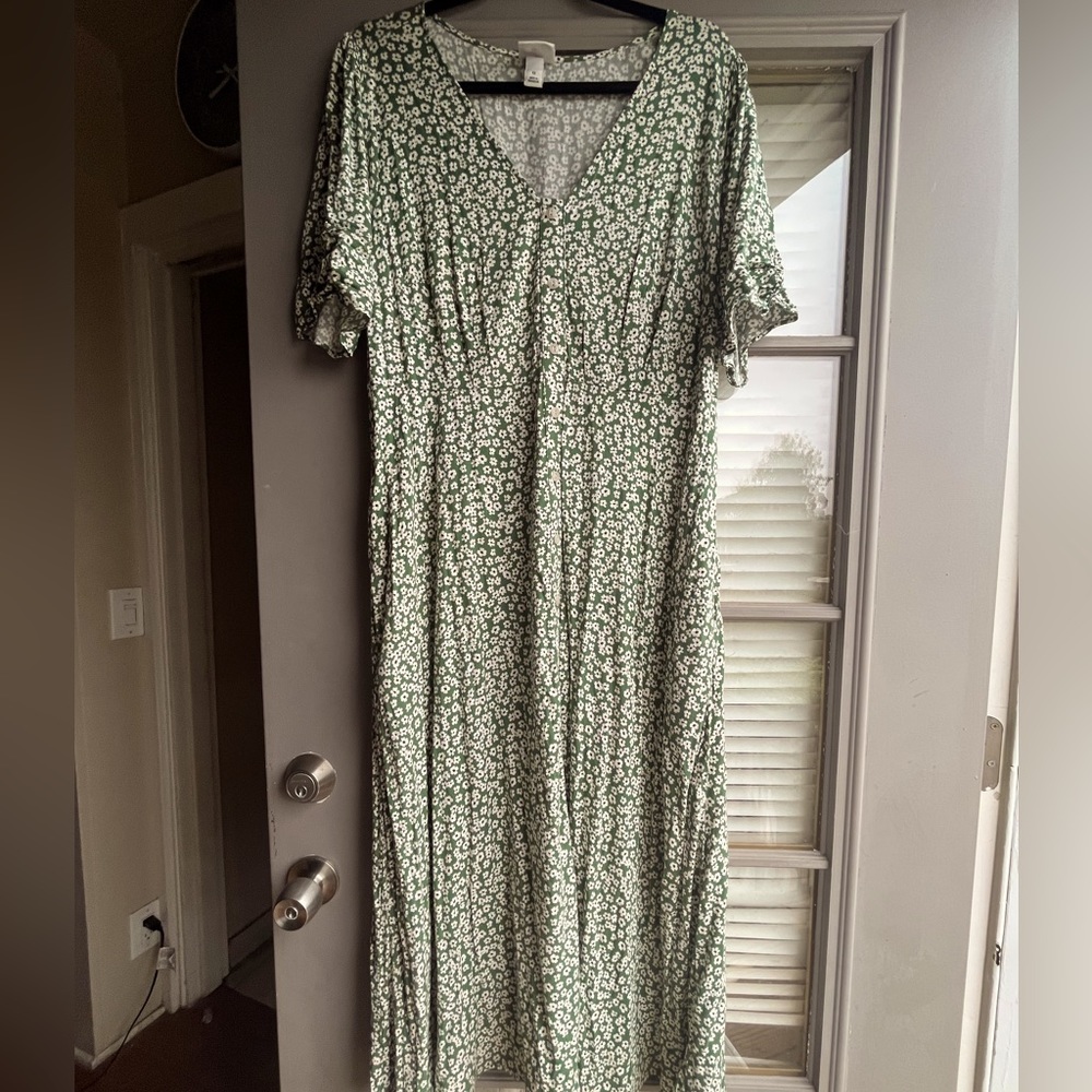 Green and white floral button down dress